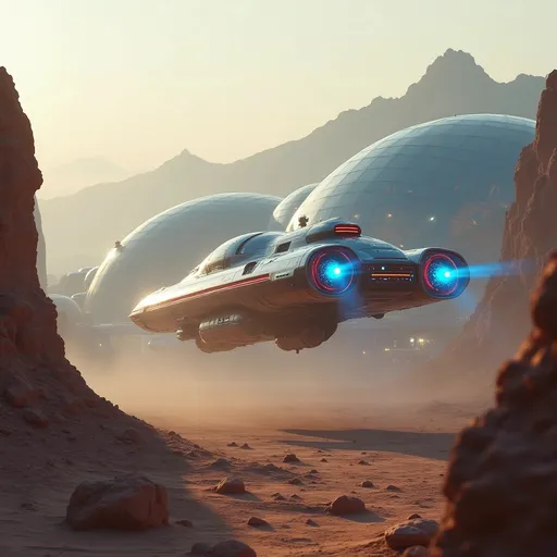 Prompt: Amidst a space port landscape dotted with rocky formations, a sleek, futuristic freighter spaceship glides gracefully to land on the landing pad of a big futuristic space port. The space port is dazzling blue and white and made up of domed glass structures that exude technical prowess and strip lighting. The spaceship lands slowly through the soft hues of a dusty atmosphere, illuminated by the warm light of an unseen sun. Its metallic surface, accented by glowing red and white lights, reflects a precision-engineered design, suggesting advanced technology and power. The ship's back end and under belly has landing thrusters that emit brilliant blue hues creating a striking contrast against the muted earthy tones surrounding it. In the background, a distant mountainous silhouette looms, hinting at an otherworldly terrain that enhances the sense of exploration and adventure inherent in the scene. This captivating image exudes a mood of mystery and innovation, inviting viewers to imagine the stories unfolding in such an uncharted realm.