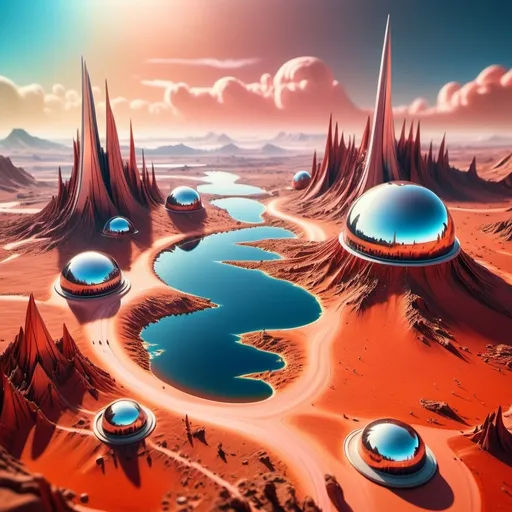 Prompt: aerial view, tilt-shift, isometric miniature world, detailed landscape Mars world render with futuristic glass domes filled with forests and lakes and futuristic twisted skyscrapers. Mount Mons is part of this landscape with dramatic sky. Red and orange tones with blue sky. Dramatic Martian clouds with red and pink and rustic hues. Airy feel as Mars is being terraformed into a beautiful landscape. Airy and light with glass domes iridescent with refracted light from the sunset. 