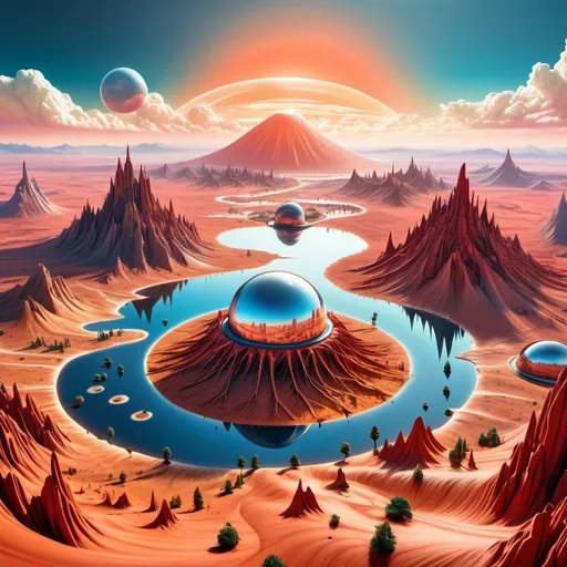 Prompt: aerial view, tilt-shift, isometric miniature world, detailed landscape Mars world render with futuristic glass domes filled with forests and lakes and futuristic twisted skyscrapers. Mount Mons the dormant volcano is part of this landscape with dramatic sky. Red and orange tones with blue sky. Dramatic Martian clouds with red and pink and rustic hues. Airy feel as Mars is being terraformed into a beautiful landscape. Airy and light with glass domes iridescent with refracted light from the sunset. In the foreground one domed city has a pine forest clearly visible.