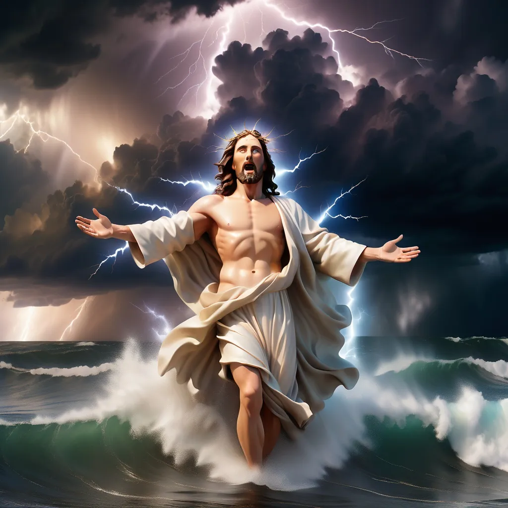 Prompt: Jesus is clothed and on the horizon  half a mile away and walking on water in a storm surrounded by lightning and thunder. He is transfigured in an awesome light. Waves are crashing against the shoreline in the foreground. Jesus face is perfectly formed and calm. The storm is vivid and strong. The sky dark and enigmatic with waves of iridescent lightning. 