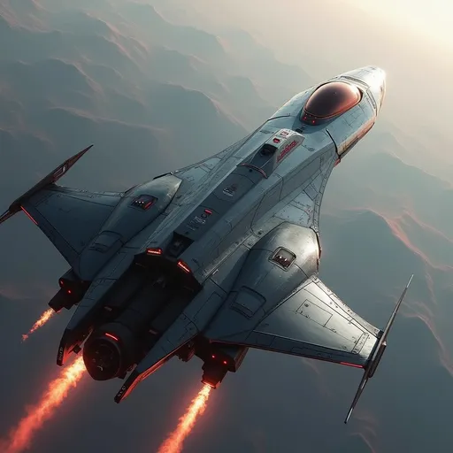 Prompt: Soaring above a sea of soft distant red mountainous landscape of Mars, a sleek, modern spacecraft propels forward with brilliant engine flames streaming behind it, illuminating the atmosphere with a fiery glow. The vessel features a streamlined, aerodynamic design, marked by sharp angles and a polished, metallic surface that reflects the ambient light of the sky. With its jet-black body contrasting against the pale red hues of Mars planet around it, the scene captures a sense of adventure and technological prowess. The upward angle enhances the feeling of ascent, lending a dynamic perspective, as the ship's sturdy wings and vibrant red accents stand out boldly. This moment conveys an exhilarating narrative of exploration and breakthrough, inviting imaginations to soar alongside it.