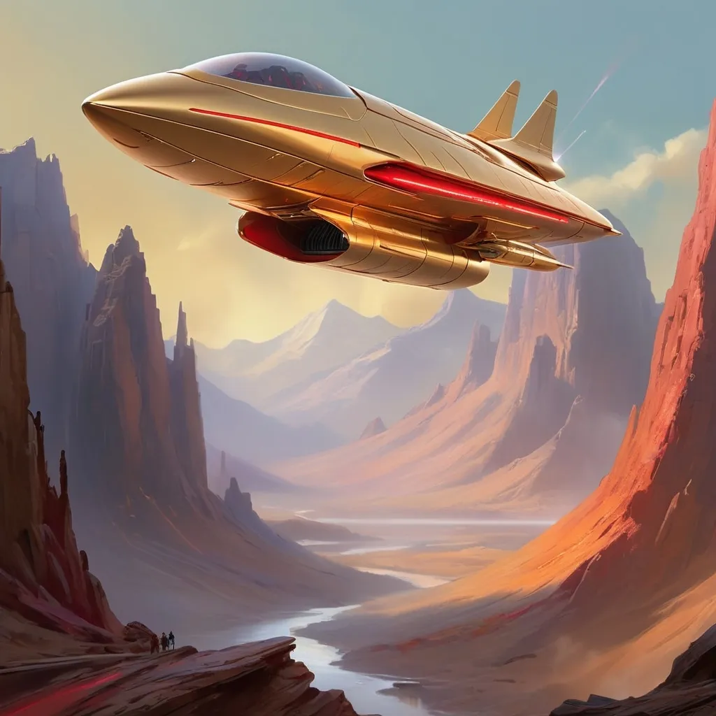 Prompt: Soaring through a breathtaking golden-hued atmosphere, a sleek spaceship jetstreams against a backdrop of rugged, mountainous terrain bathed in warm light. The craft features a streamlined design with a metallic sheen, highlighted by striking red accents and glowing exhaust ports that emit fiery trails, indicating powerful propulsion. Below, faint silhouettes of clustered structures hint at a distant settlement, shrouded in the soft glow of twilight. The composition captures a sense of adventure and exploration, evoking both the wonder of space travel and the raw beauty of an alien landscape, as the ship ascends into the vast unknown.
