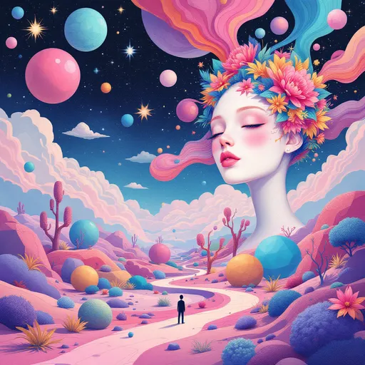 Prompt: Bursting with vibrant colors and surreal shapes, this imaginative illustration features abstract, oversized heads adorned with cosmic elements and floral motifs, blending human features with a dreamlike quality. A solitary figure stands amidst a landscape filled with geometric shapes, colorful spheres, and a whimsical terrain that suggests a fusion of nature and the cosmos. The scene is set in an otherworldly environment, where bright pastels contrast against darker cosmic hues, creating a captivating visual narrative. The interplay of forms and colors evokes a sense of contemplation and wonder, hinting at themes of identity, consciousness, and the universe's mysteries. The overall composition conveys a vibrant yet introspective mood, inviting the viewer to explore the depths of imagination.