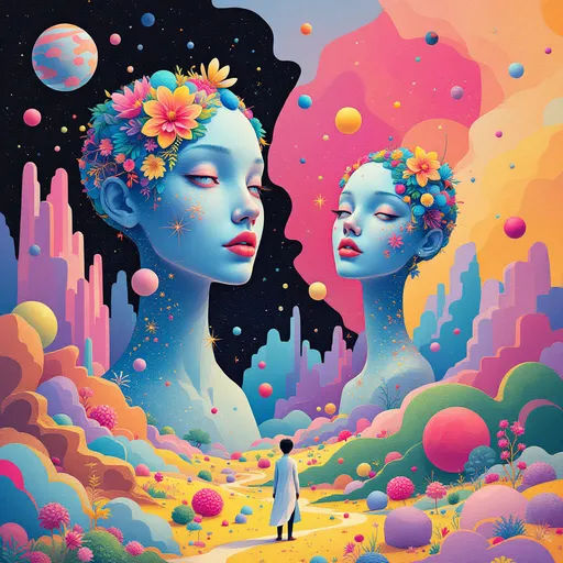 Prompt: Bursting with vibrant colors and surreal shapes, this imaginative illustration features abstract, oversized heads adorned with cosmic elements and floral motifs, blending human features with a dreamlike quality. A solitary figure stands amidst a landscape filled with geometric shapes, colorful spheres, and a whimsical terrain that suggests a fusion of nature and the cosmos. The scene is set in an otherworldly environment, where bright pastels contrast against darker cosmic hues, creating a captivating visual narrative. The interplay of forms and colors evokes a sense of contemplation and wonder, hinting at themes of identity, consciousness, and the universe's mysteries. The overall composition conveys a vibrant yet introspective mood, inviting the viewer to explore the depths of imagination.
