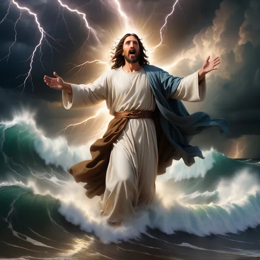 Prompt: Jesus walking on water in a storm surrounded by lightning and thunder. Jesus is transfigured in an awesome light. Waves are crashing against the shoreline. 
