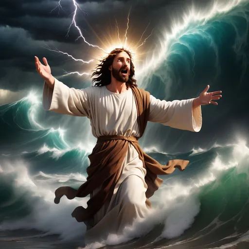 Prompt: Jesus walking on water in a storm surrounded by lightning and thunder. Jesus is transfigured in an awesome light. Waves are crashing against the shoreline. Jesus face is perfectly formed and calm. The storm is vivid and strong. The sky dark and enigmatic. 