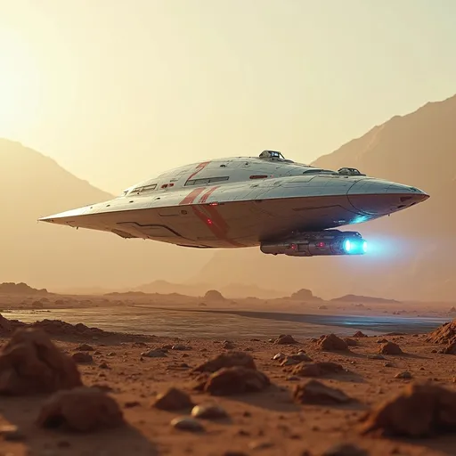 Prompt: Amidst a barren landscape dotted with rocky formations, a sleek, futuristic freighter spaceship glides gracefully to land on the landing pad of a future space port. The spaceship lands slowly through the soft hues of a dusty atmosphere, illuminated by the warm light of an unseen sun. Its metallic surface, accented by glowing red and white lights, reflects a precision-engineered design, suggesting advanced technology and power. The ship's back end and under belly has landing thrusters that emit brilliant blue hues creating a striking contrast against the muted earthy tones surrounding it. In the background, a distant mountainous silhouette looms, hinting at an otherworldly terrain that enhances the sense of exploration and adventure inherent in the scene. This captivating image exudes a mood of mystery and innovation, inviting viewers to imagine the stories unfolding in such an uncharted realm.