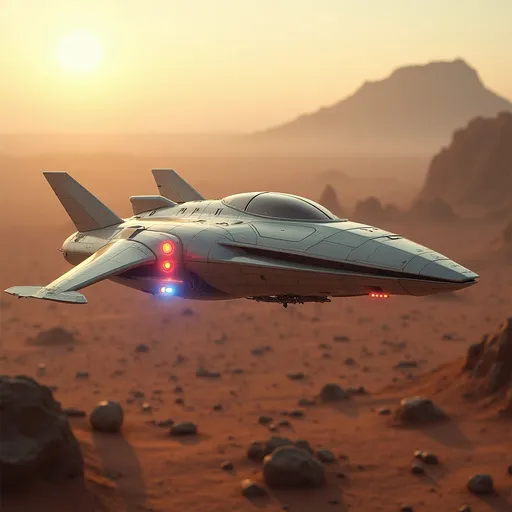 Prompt: Amidst a barren landscape dotted with rocky formations, a sleek, futuristic spaceship glides gracefully through the soft hues of a dusty atmosphere, illuminated by the warm light of an unseen sun. Its metallic surface, accented by glowing red and white lights, reflects a precision-engineered design, suggesting advanced technology and power. The ship's back end has thrusters that emit brilliant blue  creating a striking contrast against the muted earthy tones surrounding it. In the background, a distant mountainous silhouette looms, hinting at an otherworldly terrain that enhances the sense of exploration and adventure inherent in the scene. This captivating image exudes a mood of mystery and innovation, inviting viewers to imagine the stories unfolding in such an uncharted realm.