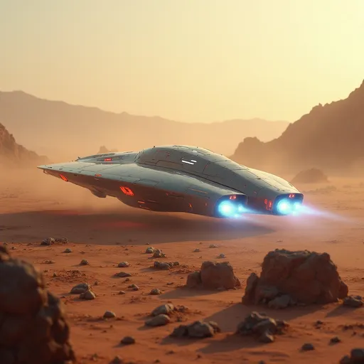 Prompt: Amidst a barren landscape dotted with rocky formations, a sleek, futuristic spaceship glides gracefully through the soft hues of a dusty atmosphere, illuminated by the warm light of an unseen sun. Its metallic surface, accented by glowing red and white lights, reflects a precision-engineered design, suggesting advanced technology and power. The ship's back end has thrusters that emit brilliant blue flames, creating a striking contrast against the muted earthy tones surrounding it. In the background, a distant mountainous silhouette looms, hinting at an otherworldly terrain that enhances the sense of exploration and adventure inherent in the scene. This captivating image exudes a mood of mystery and innovation, inviting viewers to imagine the stories unfolding in such an uncharted realm.