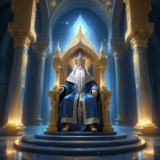 Prompt: 
A grand, otherworldly throne room of towering gilded pillars and intricately engraved archways, suffused with a luminous, celestial glow. At the focal point stands a regal, ancient wizard figure with a long, flowing white beard and piercing eyes, adorned in lavish ceremonial robes of opalescent blue and gold filigree. His ornate crown is composed of layered spires reminiscent of fractal geometry, set with glowing gems that pulsate in rhythmic, otherworldly patterns. Floating geometric mandalas, arcane sigils, and ethereal orbs of cosmic energy revolve overhead, tracing slow, methodical paths through the charged atmosphere. Streams of light swirl around him as if tethered to his every movement, illuminating the intricate metallic latticework woven into his armor-like shoulders and layered fabric. He wields a tall, ornate staff crowned with swirling crystalline structures that emanate radiance, as though channeling elemental forces from distant star fields. The grand floor beneath him is etched with complex circular symbols and shimmering runes that span outward in expanding concentric designs, casting reflections onto the pillars in luminous waves. Dust motes and glowing particles meander through the air, creating a mystical haze. The wizard’s posture and outstretched arms convey both authority and transcendence, while intangible magical currents spiral upward toward a colossal cosmic diagram nested within the vaulted ceiling. The entire scene suggests a moment of high ritual or divine communion, merging high fantasy aesthetics with cosmic, futuristic undertones—an epic display of celestial power, ancient wisdom, and cosmic architecture enveloped in swirling arcs of light.