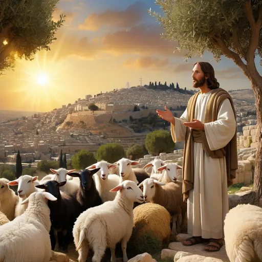 Prompt: Jesus teaching the sermon on the Mount. He stands enigmatically exuding the divine spirit placed upon him. Humble yet divine. The Son of God personified. Jesus is surrounded by a large crowd of people who are listening to his sermon. The scenery is amazing. It is a rugged rural landscape of Jerusalem where Jesus stands on top of the Mount. The scene is set near Jesus. The City of Jerusalem at the time of Jesus is in the background. Olive trees grow on the Mount. And one goat and one sheep can be seen feeding. Jesus is wearing the garments of the day with a sash. The sun is setting and the sky is a golden sunset. 