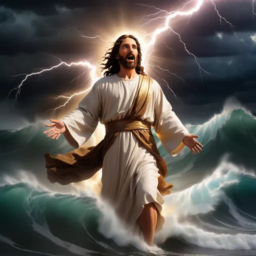 Prompt: Jesus walking on water in a storm surrounded by lightning and thunder. Jesus is transfigured in an awesome light. Waves are crashing against the shoreline. Jesus face is perfectly formed and calm. The storm is vivid and strong. The sky dark and enigmatic. 