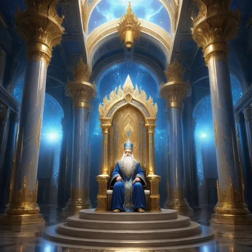 Prompt: 
A grand, otherworldly throne room of towering gilded pillars and intricately engraved archways, suffused with a luminous, celestial glow. At the focal point stands a regal, ancient wizard figure with a long, flowing white beard and piercing eyes, adorned in lavish ceremonial robes of opalescent blue and gold filigree. His ornate crown is composed of layered spires reminiscent of fractal geometry, set with glowing gems that pulsate in rhythmic, otherworldly patterns. Floating geometric mandalas, arcane sigils, and ethereal orbs of cosmic energy revolve overhead, tracing slow, methodical paths through the charged atmosphere. Streams of light swirl around him as if tethered to his every movement, illuminating the intricate metallic latticework woven into his armor-like shoulders and layered fabric. He wields a tall, ornate staff crowned with swirling crystalline structures that emanate radiance, as though channeling elemental forces from distant star fields. The grand floor beneath him is etched with complex circular symbols and shimmering runes that span outward in expanding concentric designs, casting reflections onto the pillars in luminous waves. Dust motes and glowing particles meander through the air, creating a mystical haze. The wizard’s posture and outstretched arms convey both authority and transcendence, while intangible magical currents spiral upward toward a colossal cosmic diagram nested within the vaulted ceiling. The entire scene suggests a moment of high ritual or divine communion, merging high fantasy aesthetics with cosmic, futuristic undertones—an epic display of celestial power, ancient wisdom, and cosmic architecture enveloped in swirling arcs of light.