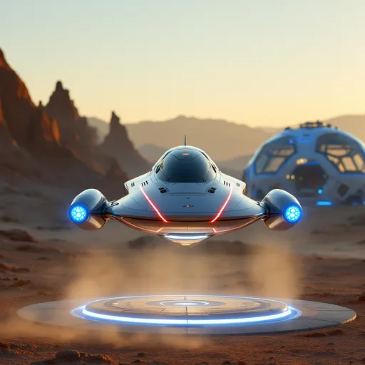 Prompt: A sleek, futuristic spacecraft hovers just above a round illuminated concrete pad in a rugged desert landscape, illuminated by the soft glow of the setting sun. The ship’s smooth, metallic surface is accentuated by glowing red lines and vibrant blue thrusters that emit a bluish light, suggesting advanced technology. In the background, a large, dome-shaped structure with transparent panels and blue accents stands against a tapestry of distant mountains, hinting at human presence and architectural ingenuity on this alien terrain. The warm, golden hues of the sunset contrast with the cool colors of the spacecraft, creating a captivating visual narrative that evokes a sense of exploration and discovery in an otherworldly setting. Dust rises gently from the ground, adding a dynamic element to the serene yet futuristic ambiance.