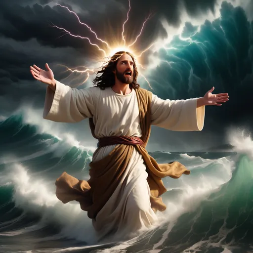 Prompt: Jesus walking on water in a storm surrounded by lightning and thunder. Jesus is transfigured in an awesome light. Waves are crashing against the shoreline. Jesus face is perfectly formed and calm. The storm is vivid and strong. The sky dark and enigmatic. 