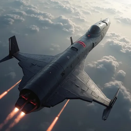 Prompt: Soaring above a sea of soft, billowing clouds, a sleek, modern spacecraft propels forward with brilliant engine flames streaming behind it, illuminating the atmosphere with a fiery glow. The vessel features a streamlined, aerodynamic design, marked by sharp angles and a polished, metallic surface that reflects the ambient light of the sky. With its jet-black body contrasting against the pale red hues of Mars around it, the scene captures a sense of adventure and technological prowess. The upward angle enhances the feeling of ascent, lending a dynamic perspective, as the ship's sturdy wings and vibrant red accents stand out boldly. This moment conveys an exhilarating narrative of exploration and breakthrough, inviting imaginations to soar alongside it.