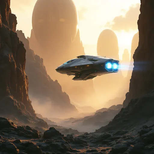 Prompt: Amidst a rugged, otherworldly landscape bathed in soft, golden light, a sleek, futuristic spacecraft ascends gracefully, its engines glowing with vibrant blue flames that dramatically illuminate the scene. Towering in the background are smooth, dome-shaped structures, likely habitation pods, that reflect the bright hues of the setting sun while casting elongated shadows on the rocky terrain. The spacecraft, with its streamlined design and intricate surface details, exudes a sense of advanced technology and exploration, as it appears to be departing from the ground below, hinting at a journey to distant realms. The atmospheric haze adds a mystical quality, enveloping the foreground rocks and softening the harsh lines of the environment, which together evoke a mood of adventure and discovery in this ethereal sci-fi setting.