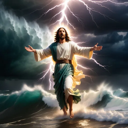 Prompt: Jesus walking on water in a storm surrounded by lightning and thunder. Jesus is transfigured in an awesome light. Waves are crashing against the shoreline. 