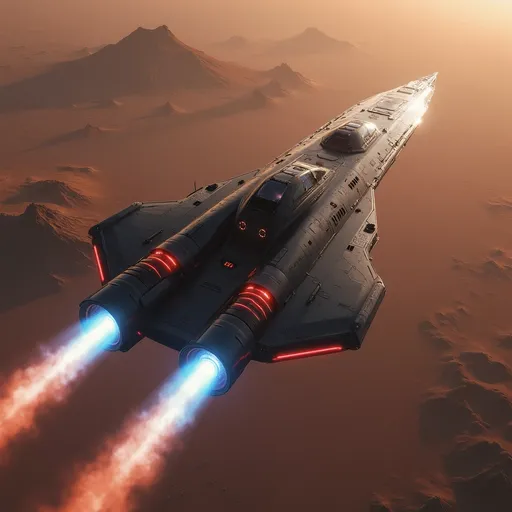 Prompt: Soaring above several glass domed cities and a sea of soft distant red mountainous landscape and the extinct Mons volcano of Mars, a very long, yet broad bodied modern spacecraft freighter full of goods, propels forward with brilliant blue white engine exhaust streaming behind it, illuminating the atmosphere with a blue fiery glow. The giant vessel features a long cargo bay hold as it is a planetary freighter carrying cargo. Its size is gigantic and stretches off into the distance. The hull is stretching away yet fairly streamlined, aerodynamic design, marked by sharp angles and a polished, metallic surface that reflects the ambient light of the sky. With its jet-black body contrasting against the pale red hues of Mars planet around it, the scene captures a sense of adventure and technological prowess. The upward angle enhances the feeling of ascent, lending a dynamic perspective, as the ship's sturdy length and vibrant red accents stand out boldly. This moment conveys an exhilarating narrative of exploration and breakthrough, inviting imaginations to soar alongside it.