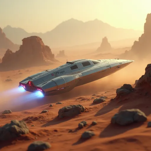 Prompt: Amidst a barren landscape dotted with rocky formations, a sleek, futuristic spaceship glides gracefully through the soft hues of a dusty atmosphere, illuminated by the warm light of an unseen sun. Its metallic surface, accented by glowing red and white lights, reflects a precision-engineered design, suggesting advanced technology and power. The ship's back end has thrusters that emit brilliant blue flames, creating a striking contrast against the muted earthy tones surrounding it. In the background, a distant mountainous silhouette looms, hinting at an otherworldly terrain that enhances the sense of exploration and adventure inherent in the scene. This captivating image exudes a mood of mystery and innovation, inviting viewers to imagine the stories unfolding in such an uncharted realm.
