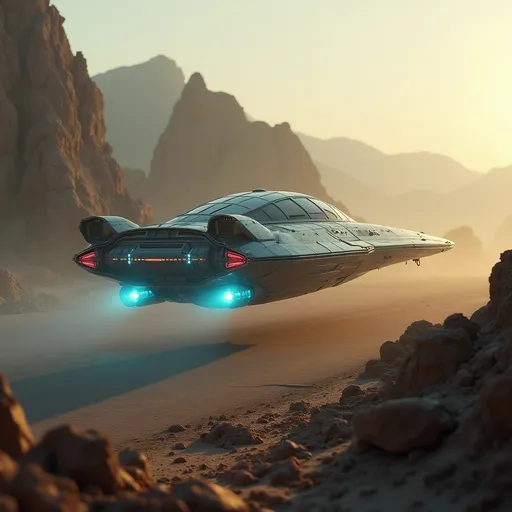 Prompt: Amidst a space port landscape dotted with rocky formations, a sleek, futuristic freighter spaceship glides gracefully to land on the landing pad of a big futuristic space port. The space port is made up of domed glass structures that exude technical prowess and strip lighting. The spaceship lands slowly through the soft hues of a dusty atmosphere, illuminated by the warm light of an unseen sun. Its metallic surface, accented by glowing red and white lights, reflects a precision-engineered design, suggesting advanced technology and power. The ship's back end and under belly has landing thrusters that emit brilliant blue hues creating a striking contrast against the muted earthy tones surrounding it. In the background, a distant mountainous silhouette looms, hinting at an otherworldly terrain that enhances the sense of exploration and adventure inherent in the scene. This captivating image exudes a mood of mystery and innovation, inviting viewers to imagine the stories unfolding in such an uncharted realm.