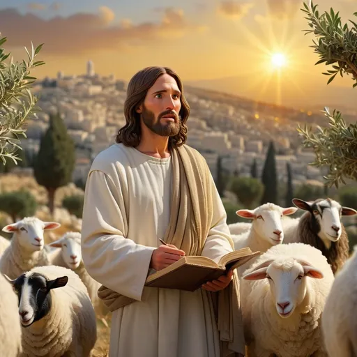 Prompt: Jesus teaching the sermon on the Mount. He stands enigmatically exuding the divine spirit placed upon him. Humble yet divine. The Son of God personified. Jesus is surrounded by a large crowd of people who are listening to his sermon. The scenery is amazing. It is a rugged rural landscape of Jerusalem where Jesus stands on top of the Mount. The scene is set near Jesus. The City of Jerusalem at the time of Jesus is in the background. Olive trees grow on the Mount. And one goat and one sheep can be seen feeding. Jesus is wearing the garments of the day with a sash. The sun is setting and the sky is a golden sunset. 