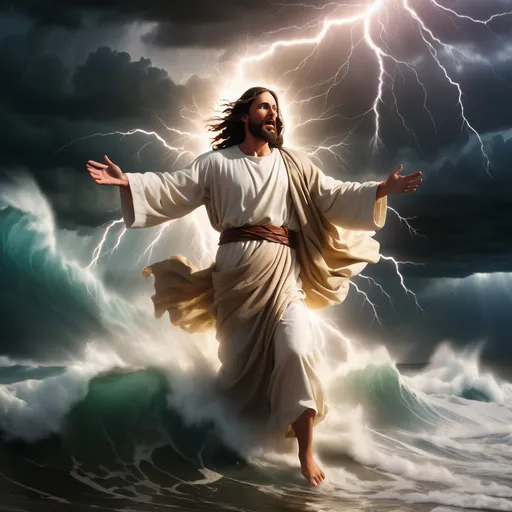 Prompt: Jesus walking on water in a storm surrounded by lightning and thunder. Jesus is transfigured in an awesome light. Waves are crashing against the shoreline. 