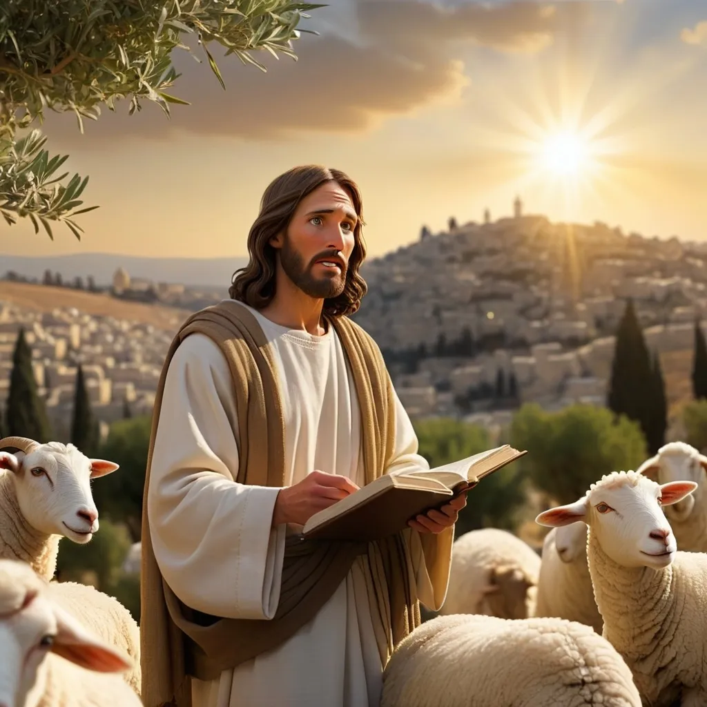 Prompt: Jesus teaching the sermon on the Mount. He stands enigmatically exuding the divine spirit placed upon him. Humble yet divine. The Son of God personified. Jesus is surrounded by a large crowd of people who are listening to his sermon. The scenery is amazing. It is a rugged rural landscape of Jerusalem where Jesus stands on top of the Mount. The scene is set near Jesus. The City of Jerusalem at the time of Jesus is in the background. Olive trees grow on the Mount. And a few sheep and goats can be seen feeding. Jesus is wearing the garments of the day with a sash. The sun is setting and the sky is a golden sunset. 