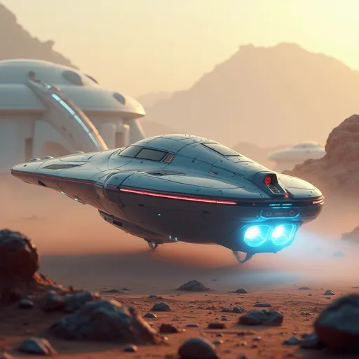Prompt: Amidst a space port landscape dotted with rocky formations, a sleek, futuristic freighter spaceship glides gracefully to land on the landing pad of a big futuristic space port. The space port is blue and white and made up of domed glass structures that exude technical prowess and strip lighting. The spaceship lands slowly through the soft hues of a dusty atmosphere, illuminated by the warm light of an unseen sun. Its metallic surface, accented by glowing red and white lights, reflects a precision-engineered design, suggesting advanced technology and power. The ship's back end and under belly has landing thrusters that emit brilliant blue hues creating a striking contrast against the muted earthy tones surrounding it. In the background, a distant mountainous silhouette looms, hinting at an otherworldly terrain that enhances the sense of exploration and adventure inherent in the scene. This captivating image exudes a mood of mystery and innovation, inviting viewers to imagine the stories unfolding in such an uncharted realm.