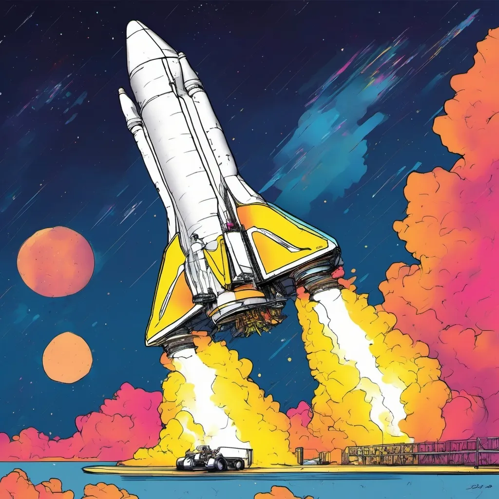 Prompt: A wide delta wing starship lifts off with the heavy booster rocket from Space x facility in west keys Florida. It’s important to emphasise the delta wing as wide enough to incorporate rocket engines outside of the heavy booster rocket hot staging area. 
