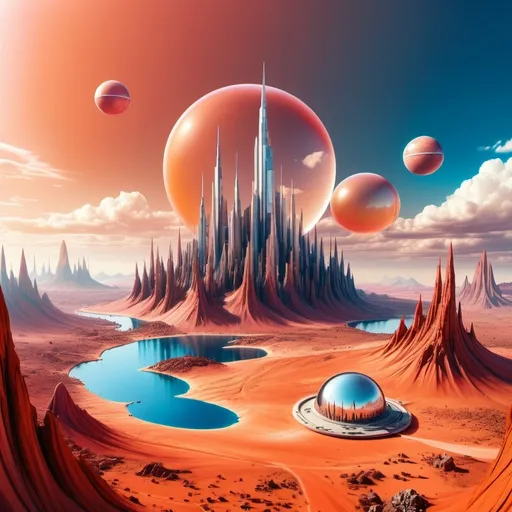 Prompt: aerial view, tilt-shift, isometric miniature world, detailed landscape Mars world render with futuristic glass domes filled with forests and lakes and futuristic twisted skyscrapers. Mount Mons is part of this landscape with dramatic sky. Red and orange tones with blue sky. Dramatic Martian clouds with red and pink and rustic hues. Airy feel as Mars is being terraformed into a beautiful landscape. Airy and light with glass domes iridescent with refracted light from the sunset. 