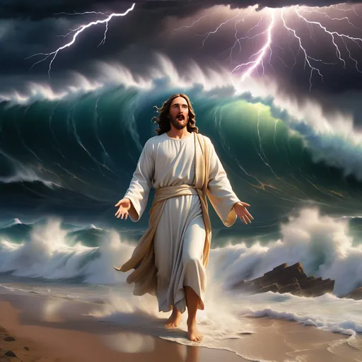 Prompt: Jesus is clothed and on the horizon as a figure in the distance a mile away and walking on water in a storm surrounded by lightning and thunder. He is transfigured in an awesome light. Waves are crashing against the shoreline in the foreground. Jesus face is perfectly formed and calm. The storm is vivid and strong. The sky dark and enigmatic with waves of iridescent lightning. 