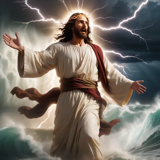 Prompt: Jesus walking on water in a storm surrounded by lightning and thunder. Jesus is transfigured in an awesome light. Waves are crashing against the shoreline. Jesus face is perfectly formed and calm. 