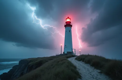 Prompt: Beneath a dramatic sky charged with turbulent clouds and vibrant streaks of lightning, a tall, white lighthouse stands resolutely on the edge of a grassy hill, its red accents brilliantly contrasting against the moody palette. The weather appears unsettled, with hints of stormy rain in the background, while soft pinks and blues peek through the ominous dark clouds, creating a surreal atmosphere. A winding sandy path meanders toward the lighthouse, inviting onlookers to explore, while a solitary light post adds a touch of calm amid the tempestuous setting. The entire scene evokes a sense of isolation and awe, capturing the power of nature juxtaposed with the steadfastness of human engineering. A storm tossed sea can be seen where the cliff face drops to reveal the tumultuous waves.