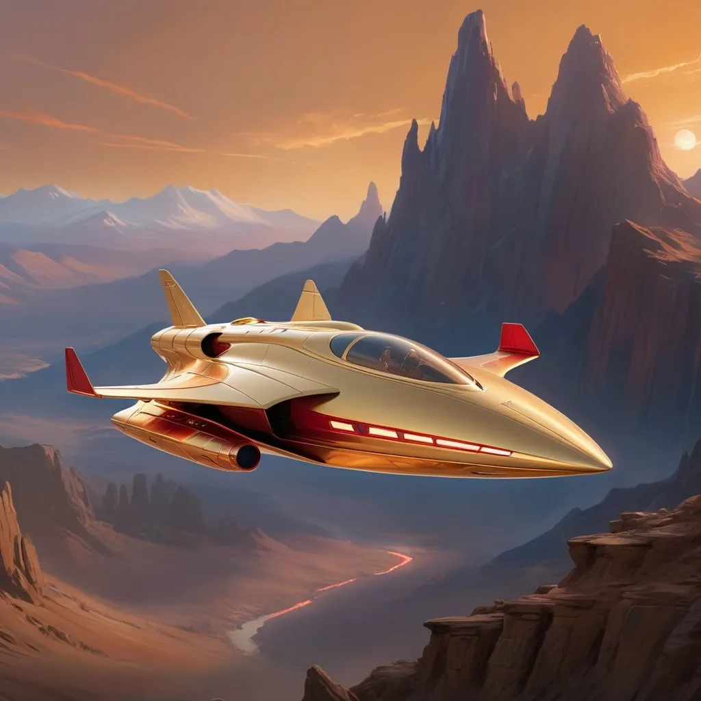 Prompt: Soaring through a breathtaking golden-hued atmosphere, a sleek spaceship jetstreams against a backdrop of rugged, mountainous terrain bathed in warm light. The craft features a streamlined design with a metallic sheen, highlighted by striking red accents and glowing exhaust ports that emit fiery trails, indicating powerful propulsion. Below, faint silhouettes of clustered structures hint at a distant settlement, shrouded in the soft glow of twilight. The composition captures a sense of adventure and exploration, evoking both the wonder of space travel and the raw beauty of an alien landscape, as the ship ascends into the vast unknown.