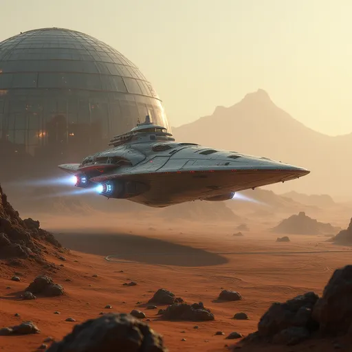 Prompt: Amidst a space port landscape dotted with rocky formations, a sleek, futuristic freighter spaceship glides gracefully to land on the landing pad of a big futuristic space port. The space port is made up of domed glass structures that exude technical prowess. The spaceship lands slowly through the soft hues of a dusty atmosphere, illuminated by the warm light of an unseen sun. Its metallic surface, accented by glowing red and white lights, reflects a precision-engineered design, suggesting advanced technology and power. The ship's back end and under belly has landing thrusters that emit brilliant blue hues creating a striking contrast against the muted earthy tones surrounding it. In the background, a distant mountainous silhouette looms, hinting at an otherworldly terrain that enhances the sense of exploration and adventure inherent in the scene. This captivating image exudes a mood of mystery and innovation, inviting viewers to imagine the stories unfolding in such an uncharted realm.