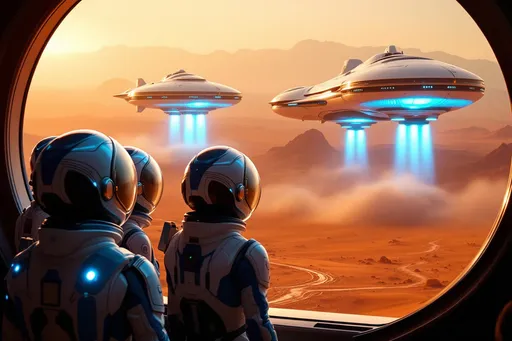Prompt: Framed by a large panoramic curved futuristic window, a group of four figures clad in sleek, blue and white space suits and futuristic space helmets with visors open gazes out at two futuristic starships gracefully launching into the sky, their fusion powered blue exhaust directed downwards and illuminating the dawn-like atmosphere. The starships are the size of freighters and horizontal futuristic starships, large yet gracefully departing. The visible landscape is dominated by an expansive Mars landscape, hinting at a remote launch site as distant mountains rise softly in the background. The expressions of the figures – a mix of awe and determination – convey a sense of hope and adventure. Bathed in warm, soft lighting, the scene has a vibrant, almost dream-like quality, capturing a pivotal moment of technological achievement and human aspiration in the realm of space exploration.