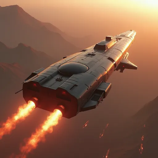 Prompt: Soaring above several glass domed cities and a sea of soft distant red mountainous landscape and the extinct Mons volcano of Mars, a long, yet broad bodied modern spacecraft freighter propels forward with brilliant engine flames streaming behind it, illuminating the atmosphere with a fiery glow. The giant vessel features a long cargo bay hold as it is a planetary freighter carrying cargo. Its size is gigantic and stretches off into the distance. The hull is stretching away yet fairly streamlined, aerodynamic design, marked by sharp angles and a polished, metallic surface that reflects the ambient light of the sky. With its jet-black body contrasting against the pale red hues of Mars planet around it, the scene captures a sense of adventure and technological prowess. The upward angle enhances the feeling of ascent, lending a dynamic perspective, as the ship's sturdy length and vibrant red accents stand out boldly. This moment conveys an exhilarating narrative of exploration and breakthrough, inviting imaginations to soar alongside it.