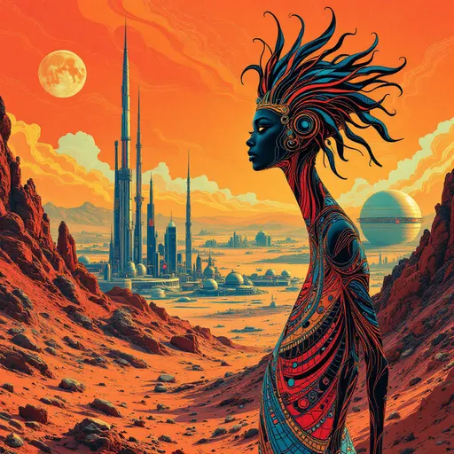 Prompt: A surreal landscape on Mars unfolds in shades of orange and red, depicting a futuristic scene filled with various architectural marvels, such as glass domed cities and metal spires that rise against a vibrant sky. In the foreground, a stylized humanoid in an Egyptian style with an emotional expression stands, characterized by flowing lines and a unique hairstyle that resembles strands of abstract art. Wisps of colorful waves sweep across the composition, suggesting movement and dynamism while framing the figure's pensive gaze. The overall style evokes a blend of dreamy abstraction and sci-fi aesthetics, inviting a sense of wonder and intrigue about this imaginative world. The mood is both contemplative and adventurous, hinting at the exploration of uncharted realms.