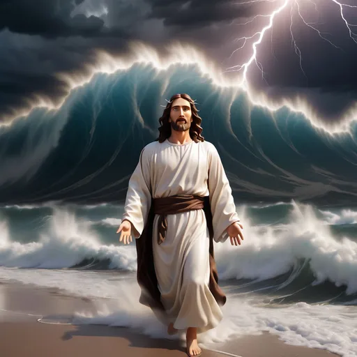 Prompt: Jesus is clothed and on the horizon as a figure in the distance a mile away and walking on water in a storm surrounded by lightning and thunder. He is transfigured in an awesome light. Waves are crashing against the shoreline in the foreground. Jesus face is perfectly formed and calm and etched in light and shadow. The storm is vivid and strong. The sky dark and enigmatic with waves of iridescent lightning. 