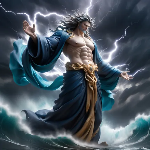 Prompt: Emerging majestically from turbulent ocean waves, a powerful figure stands with one hand extended, exuding an aura of divine authority amidst a dramatic storm. The scene is illuminated by jagged flashes of lightning, which pierce through dark, swirling clouds, casting an ethereal glow on the figure's sculpted physique draped in flowing robes. The color palette is dominated by dark blues and grays, contrasting with the bright lightning, enhancing the mood of intensity and awe. The tumultuous water splashes around the figure's feet, symbolizing both chaos and divine intervention, creating an evocative narrative of strength and serenity in the face of nature's fury. A sense of reverence permeates the atmosphere, inviting contemplation of the divine amidst the storm.