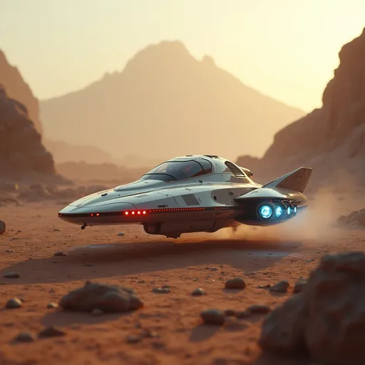 Prompt: Amidst a barren landscape dotted with rocky formations, a sleek, futuristic spaceship glides gracefully through the soft hues of a dusty atmosphere, illuminated by the warm light of an unseen sun. Its metallic surface, accented by glowing red and white lights, reflects a precision-engineered design, suggesting advanced technology and power. The ship's back end has thrusters that emit brilliant blue flames, creating a striking contrast against the muted earthy tones surrounding it. In the background, a distant mountainous silhouette looms, hinting at an otherworldly terrain that enhances the sense of exploration and adventure inherent in the scene. This captivating image exudes a mood of mystery and innovation, inviting viewers to imagine the stories unfolding in such an uncharted realm.