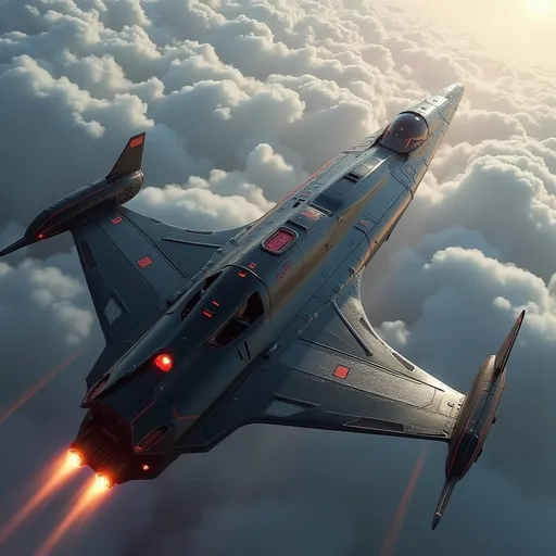 Prompt: Soaring above a sea of soft, billowing clouds, a sleek, modern spacecraft propels forward with brilliant engine flames streaming behind it, illuminating the atmosphere with a fiery glow. The vessel features a streamlined, aerodynamic design, marked by sharp angles and a polished, metallic surface that reflects the ambient light of the sky. With its jet-black body contrasting against the pale blue hues around it, the scene captures a sense of adventure and technological prowess. The upward angle enhances the feeling of ascent, lending a dynamic perspective, as the ship's sturdy wings and vibrant red accents stand out boldly. This moment conveys an exhilarating narrative of exploration and breakthrough, inviting imaginations to soar alongside it.