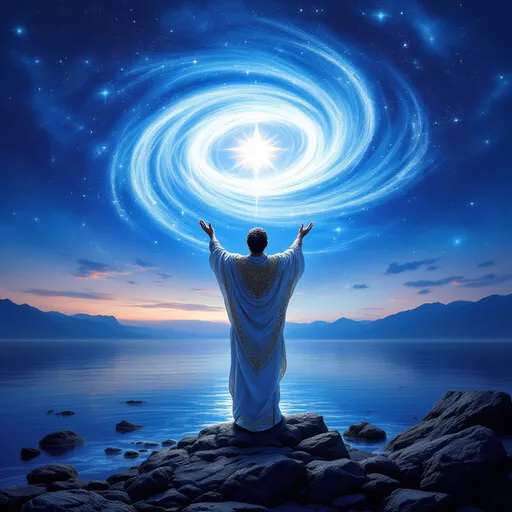 Prompt: Beneath a mesmerizing twilight sky painted in deep blue hues, a majestic figure stands on a rocky shore, embodying a powerful sorcerer or celestial being. Clad in flowing robes adorned with intricate gold patterns, he raises his hands towards a luminous star that radiates a brilliant light, giving rise to a swirling spiral of energy and light above him. The tranquil water reflects the celestial phenomenon, enhancing the scene’s mystical atmosphere, while distant mountains loom softly in the background, adding depth to the serene landscape. The image conveys a sense of wonder and magic, inviting viewers to marvel at the connection between the cosmic and the earthly realms, illuminating themes of creation and divine power.