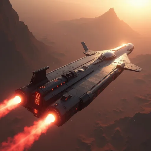 Prompt: Soaring above several glass domed cities and a sea of soft distant red mountainous landscape and the extinct Mons volcano of Mars, a long, yet broad bodied modern spacecraft freighter propels forward with brilliant engine flames streaming behind it, illuminating the atmosphere with a fiery glow. The vessel features a long cargo bay hold as it is a planetary freighter carrying cargo. The hull is stretching away yet fairly streamlined, aerodynamic design, marked by sharp angles and a polished, metallic surface that reflects the ambient light of the sky. With its jet-black body contrasting against the pale red hues of Mars planet around it, the scene captures a sense of adventure and technological prowess. The upward angle enhances the feeling of ascent, lending a dynamic perspective, as the ship's sturdy length and vibrant red accents stand out boldly. This moment conveys an exhilarating narrative of exploration and breakthrough, inviting imaginations to soar alongside it.