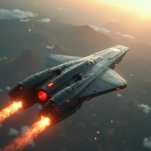 Prompt: Soaring above several glass domed cities and a sea of soft distant red mountainous landscape and the extinct Mons volcano of Mars, a long, yet broad bodied modern spacecraft freighter propels forward with brilliant engine flames streaming behind it, illuminating the atmosphere with a fiery glow. The vessel features a long cargo bay hold as it is a planetary freighter carrying cargo. The hull is stretching away yet fairly streamlined, aerodynamic design, marked by sharp angles and a polished, metallic surface that reflects the ambient light of the sky. With its jet-black body contrasting against the pale red hues of Mars planet around it, the scene captures a sense of adventure and technological prowess. The upward angle enhances the feeling of ascent, lending a dynamic perspective, as the ship's sturdy length and vibrant red accents stand out boldly. This moment conveys an exhilarating narrative of exploration and breakthrough, inviting imaginations to soar alongside it.