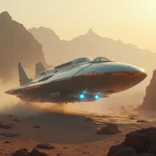 Prompt: Amidst a barren landscape dotted with rocky formations, a sleek, futuristic freighter spaceship glides gracefully to land on the landing pad of a big futuristic space port. The space port has many landing pads and domed glass structures that exude technical prowess. The spaceship lands slowly through the soft hues of a dusty atmosphere, illuminated by the warm light of an unseen sun. Its metallic surface, accented by glowing red and white lights, reflects a precision-engineered design, suggesting advanced technology and power. The ship's back end and under belly has landing thrusters that emit brilliant blue hues creating a striking contrast against the muted earthy tones surrounding it. In the background, a distant mountainous silhouette looms, hinting at an otherworldly terrain that enhances the sense of exploration and adventure inherent in the scene. This captivating image exudes a mood of mystery and innovation, inviting viewers to imagine the stories unfolding in such an uncharted realm.