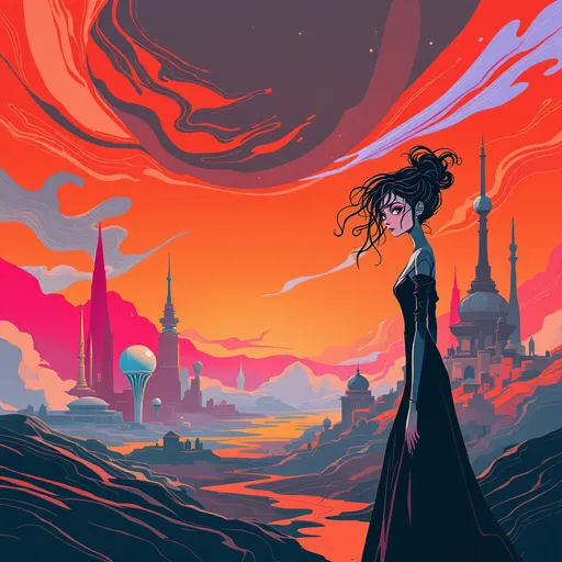 Prompt: A surreal landscape unfolds in shades of orange and red, depicting a futuristic scene filled with various architectural marvels, such as domed structures and spires that rise against a vibrant sky. In the foreground, a stylized figure with an emotional expression stands, characterized by flowing lines and a unique hairstyle that resembles strands of abstract art. Wisps of colorful waves sweep across the composition, suggesting movement and dynamism while framing the figure's pensive gaze. The overall style evokes a blend of dreamy abstraction and sci-fi aesthetics, inviting a sense of wonder and intrigue about this imaginative world. The mood is both contemplative and adventurous, hinting at the exploration of uncharted realms.