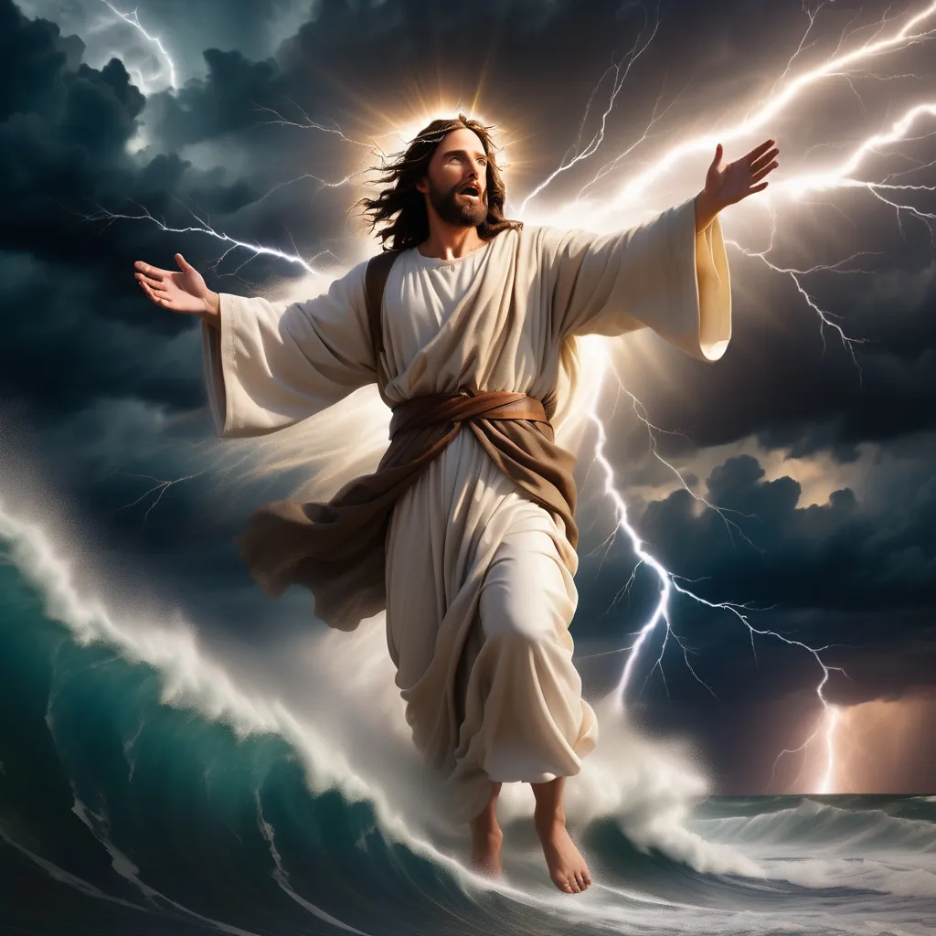 Prompt: Jesus walking on water in a storm surrounded by lightning and thunder. Jesus is transfigured in an awesome light. Waves are crashing against the shoreline. Jesus face is perfectly formed and calm. The storm is vivid and strong. The sky dark and enigmatic. 