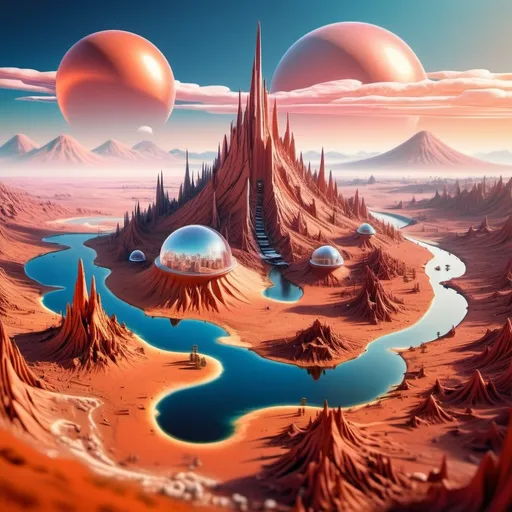 Prompt: aerial view, tilt-shift, isometric miniature world, detailed landscape Mars world render with futuristic glass domes filled with forests and lakes and futuristic twisted skyscrapers. Mount Mons the dormant volcano is part of this landscape with dramatic sky. Red and orange tones with blue sky. Dramatic Martian clouds with red and pink and rustic hues. Airy feel as Mars is being terraformed into a beautiful landscape. Airy and light with glass domes iridescent with refracted light from the sunset. In the foreground one domed city has a pine forest clearly visible.